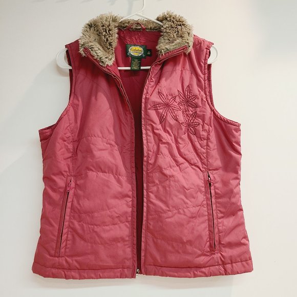 Cabelas Womens Pink Embroidered Quilted Vest Fur